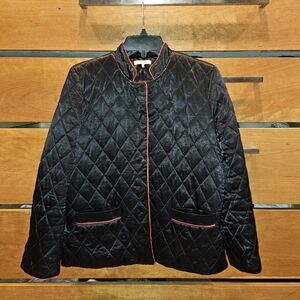 Ganni Black Satin Quilted Jacket with Red Accents